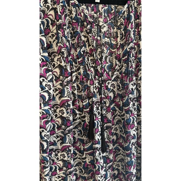 JOIE 100% Silk Paisley Bishop Sleeve Blouse Pleated Tasseled Boho Cottage Size L - Picture 6 of 12